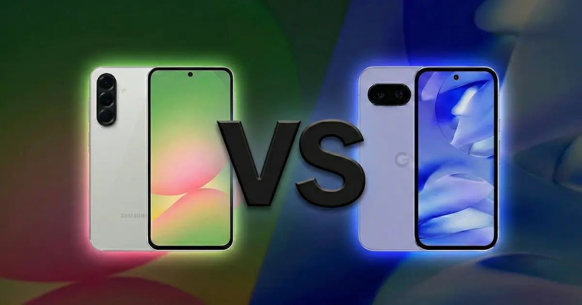 Google Pixel 9a y Samsung Galaxy A56 5G frente a frente, mostrando diseño frontal y trasero de ambos móviles en una comparativa de gama media.